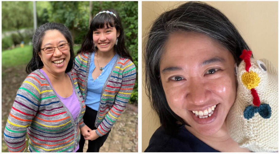 Carol and daughter twinning in Lifesavers cardigans; Carol and her first Emotional Support Chicken, Gregory Peck Carol and daughter twinning in Lifesavers cardigans; Carol and her first Emotional Support Chicken, Gregory Peck
